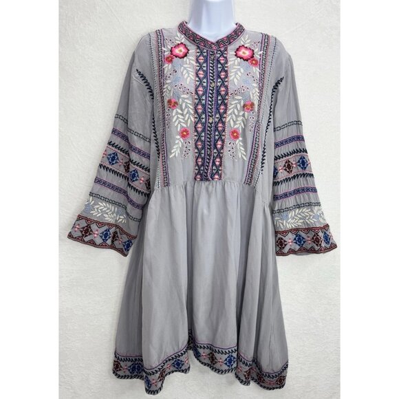 Johnny Was Workshop Women's Embroidered Gray Size Large Silk Dress READ - Picture 1 of 16